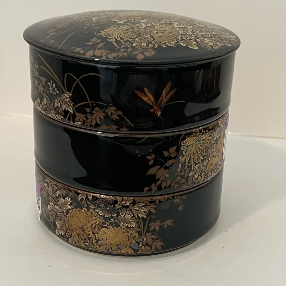VTG Shibata Japan  3 Tiered Black Porcelain Lidded Box Dragonflies Flowers. 6 pc